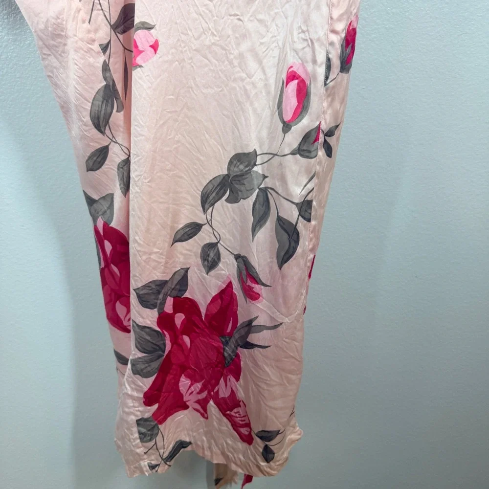 August Silk Robe Women M Pink Floral Long Silk Belted Pockets Lingerie